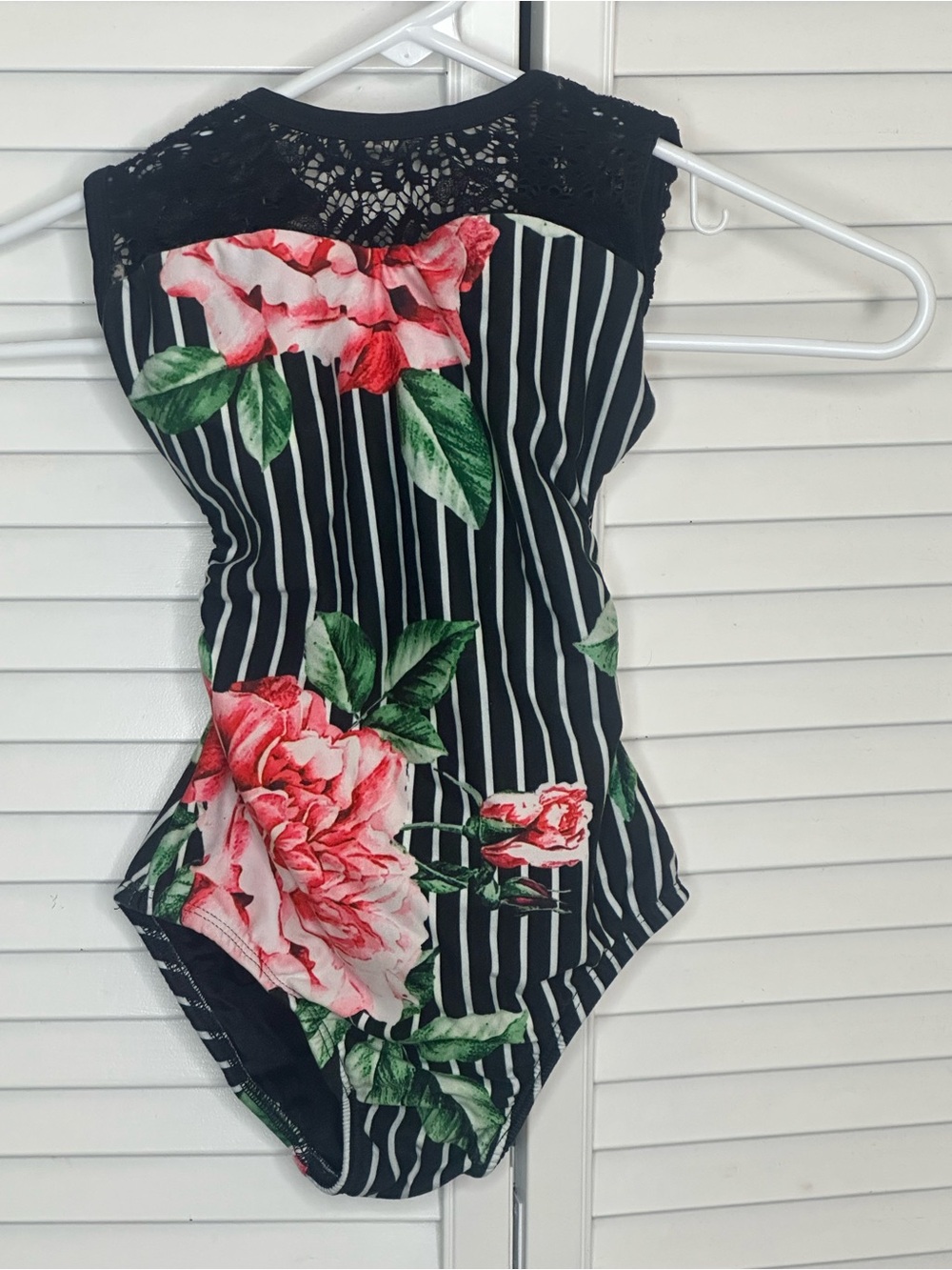 Girls Black Stripe One-Piece Bodysuit with Pink Floral Print